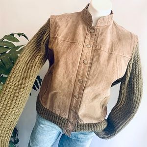 v i n t a g e :: Suede Leather Cable Knit Jacket Cardigan Grandpa